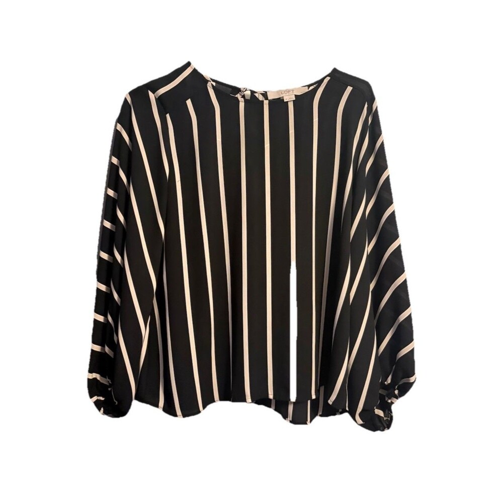 Loft Woman’s Blouse Black With White & Beige Stripes Petite SP